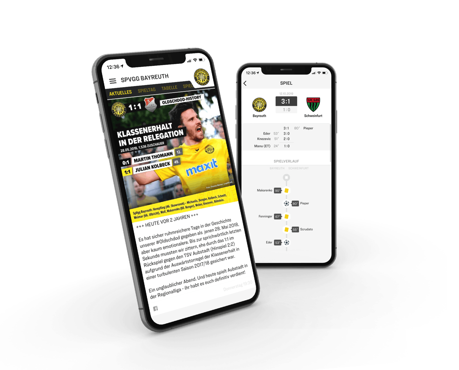 Zwei iPhones, die den Homescreen der kicker-Vereinsheim-App eines Vereins sowie ein live getickertes Spiel anzeigen.