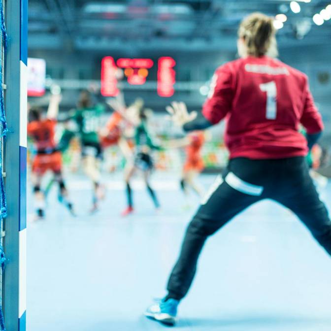 Image from next to the net during a handball match.