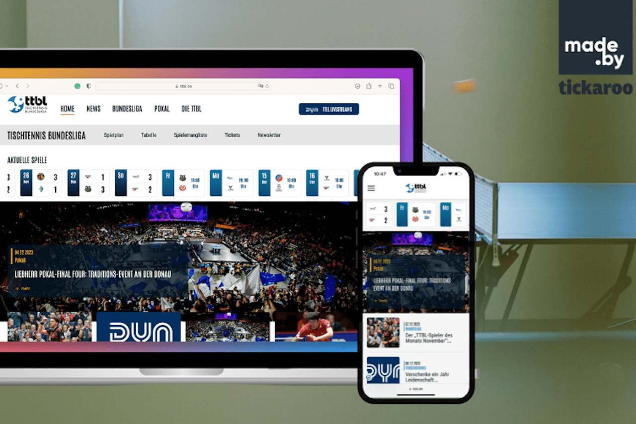 Neue TTBL Webseite auf Laptop und iPhone 13 vor ein Tischtennis Hintergrund. Aktuelle Spiele und Pokal Informationen sind zu sehen. 