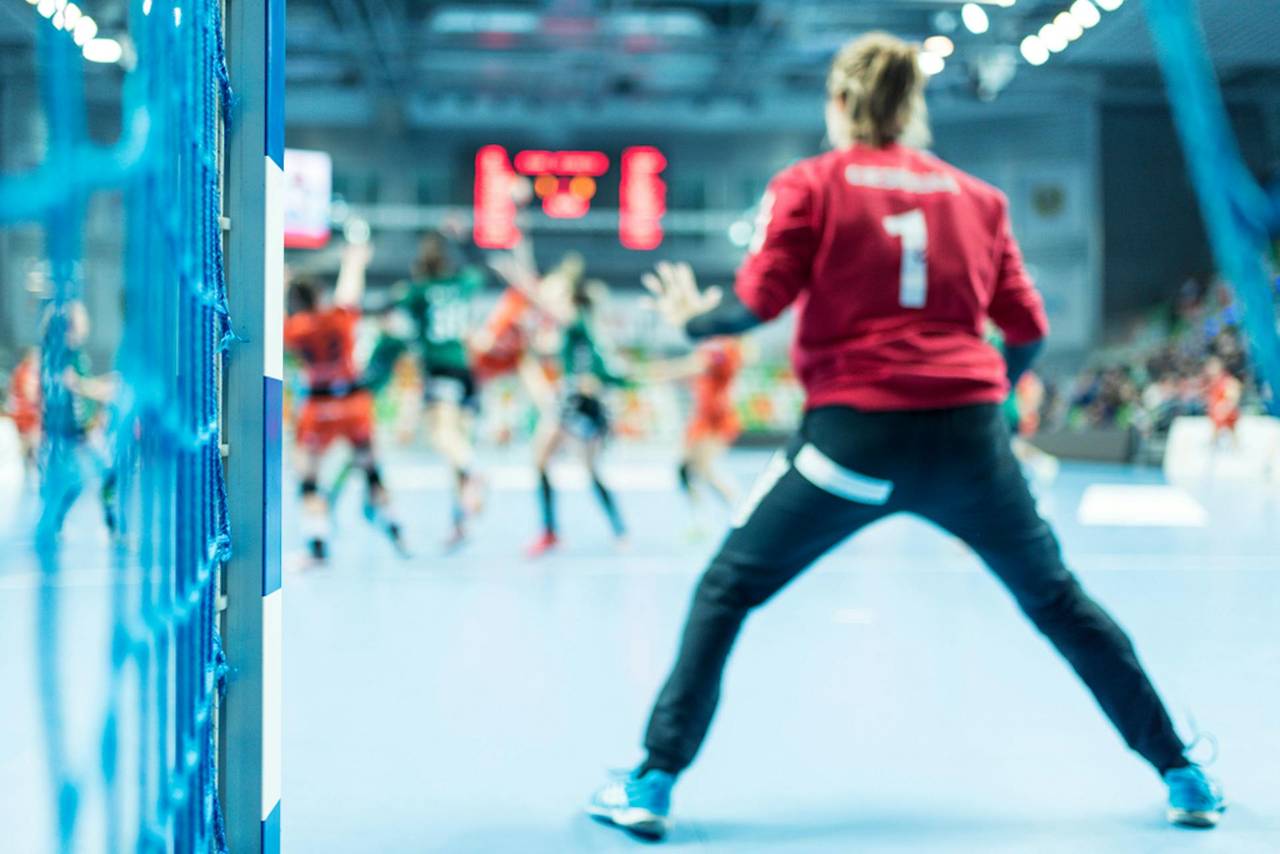 Image from next to the net during a handball match.