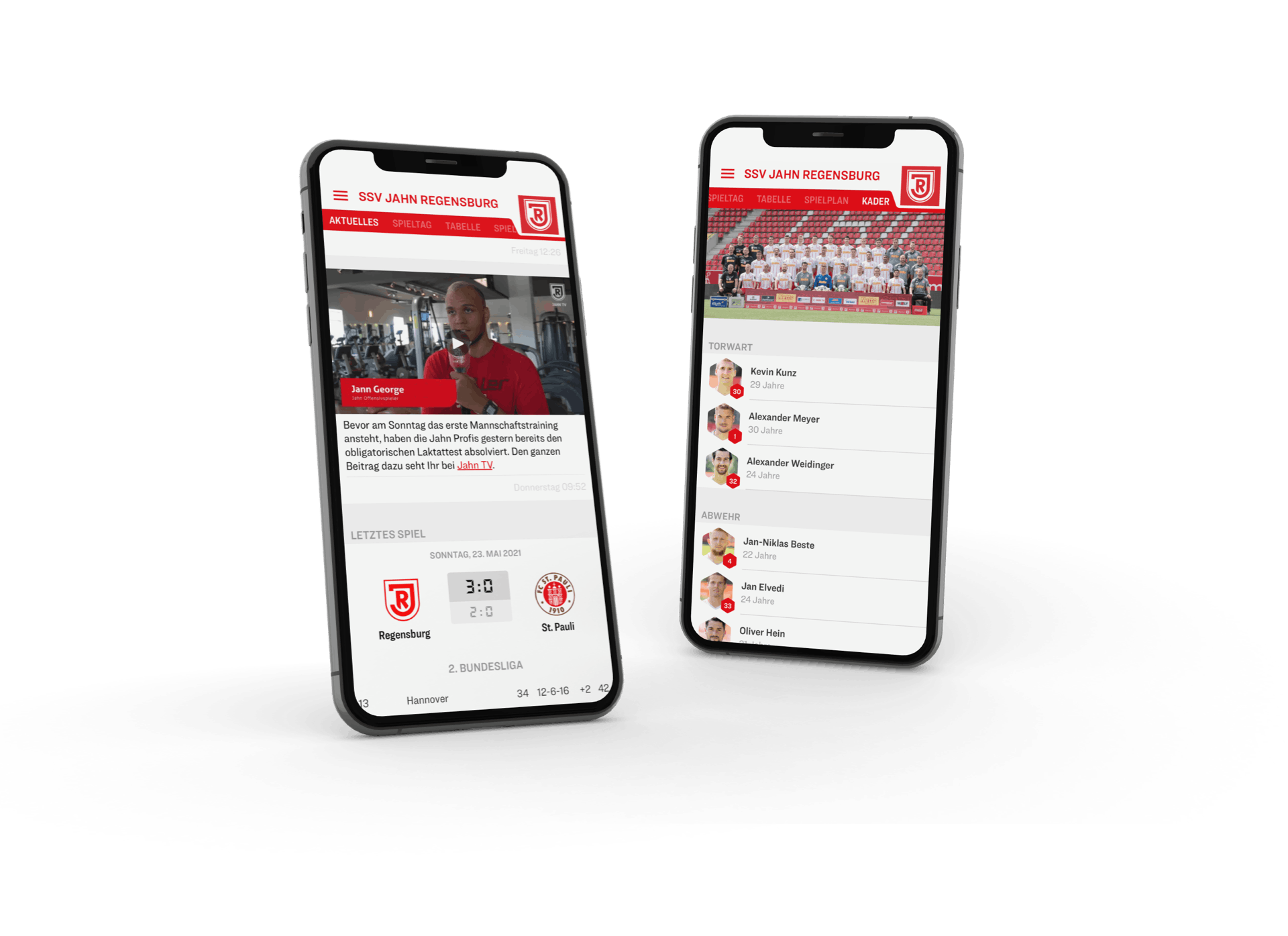 With the SSV Jahn Mobile App, users can see team news and live game updates (as seen on the mobile phone on the left) and rosters (as seen in the mobile phone on the right). 