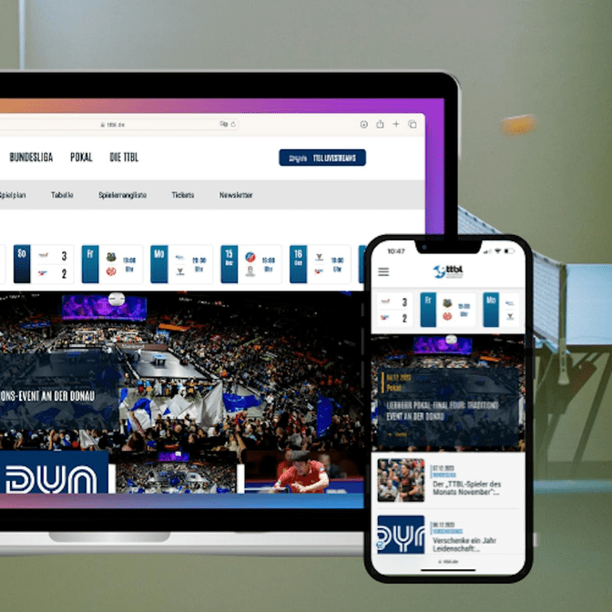 Neue TTBL Webseite auf Laptop und iPhone 13 vor ein Tischtennis Hintergrund. Aktuelle Spiele und Pokal Informationen sind zu sehen. 